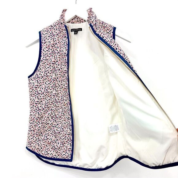 J. Crew Mercantile Blue Pink Floral Ruffled Mock Neck Zip Up Quilted Puffer Vest - Picture 9 of 16